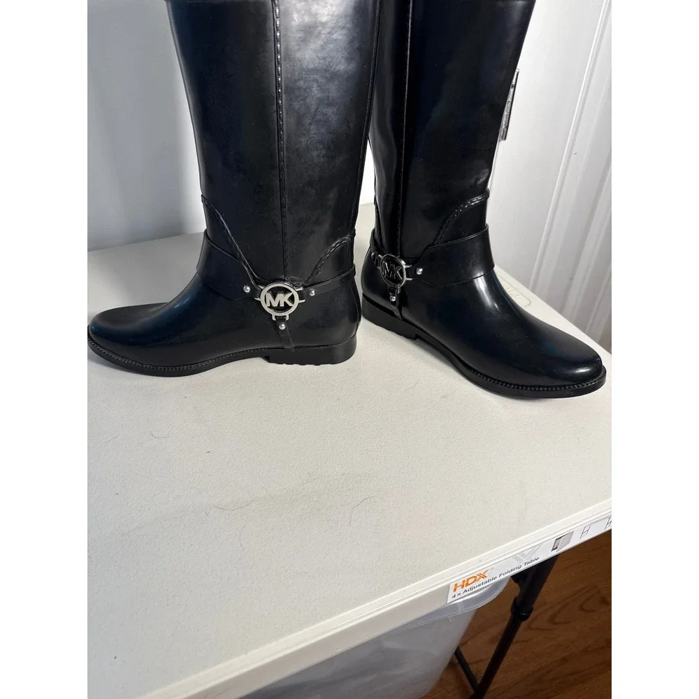 Michael Kors Fulton Harness Rain Boots Black Rubber Tall MK Logo Women 10M